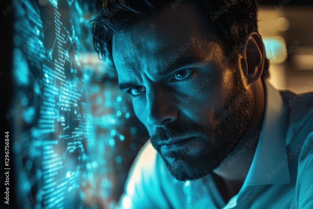 Poster A man intensely focuses on a screen filled with complex code, his expression conveying concentration and determination.