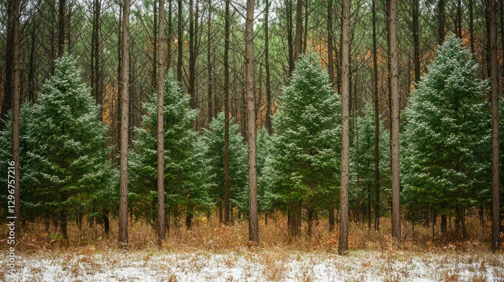 Poster a forest of tall, green pine trees covered in a light dusting of snow.