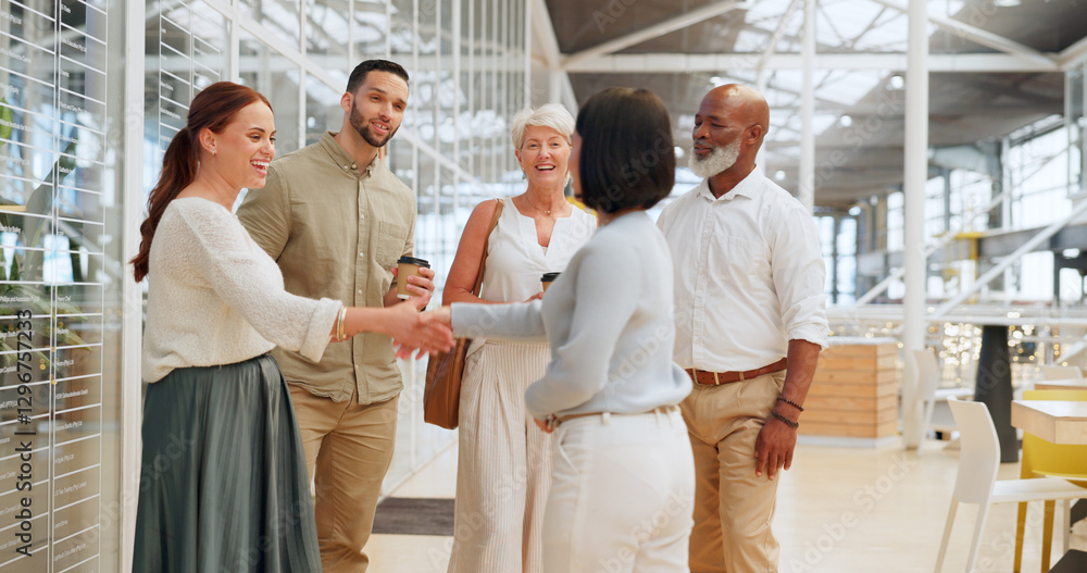 Poster handshake, meeting and business people in office building lobby at corporate, convention, global com