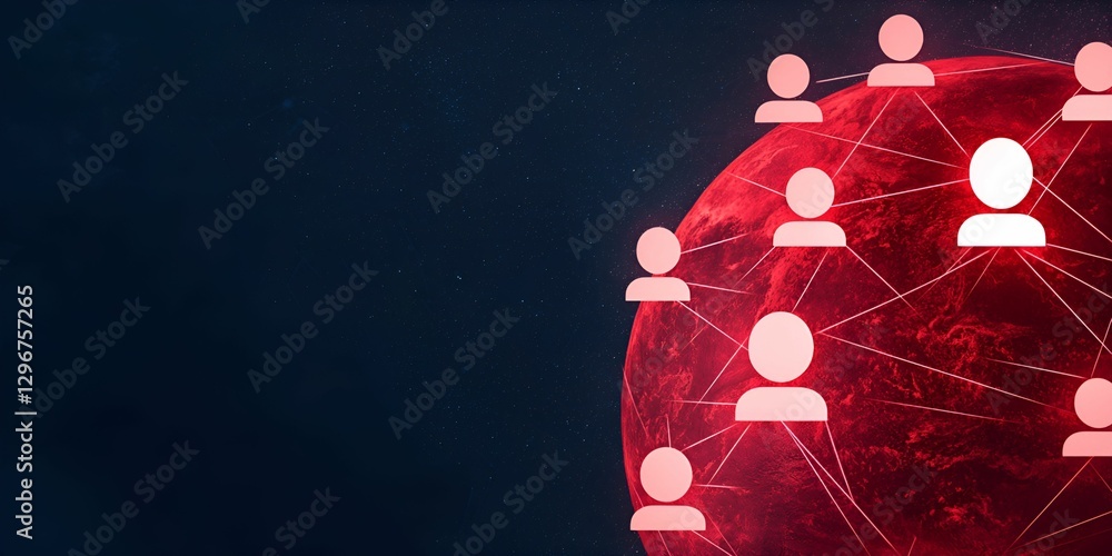 Poster influencer marketing concept. abstract illustration of a network connecting users on a red globe bac