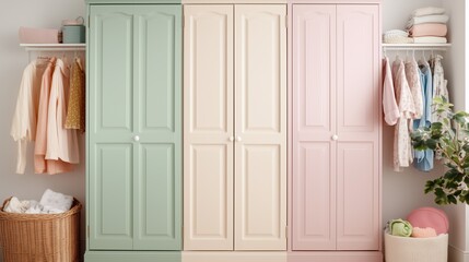 Pastel Closet Storage: Three pastel-colored closet cabinets with traditional molding detail offer organized storage solutions for clothing and accessories.