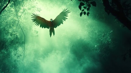 Fototapeta premium Macaw Flying Through a Misty Forest Canopy with Green Light Rays