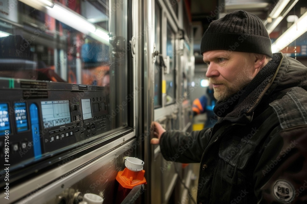 Poster a focused man in a black beanie interacts with control panels, surrounded by a dynamic work environm