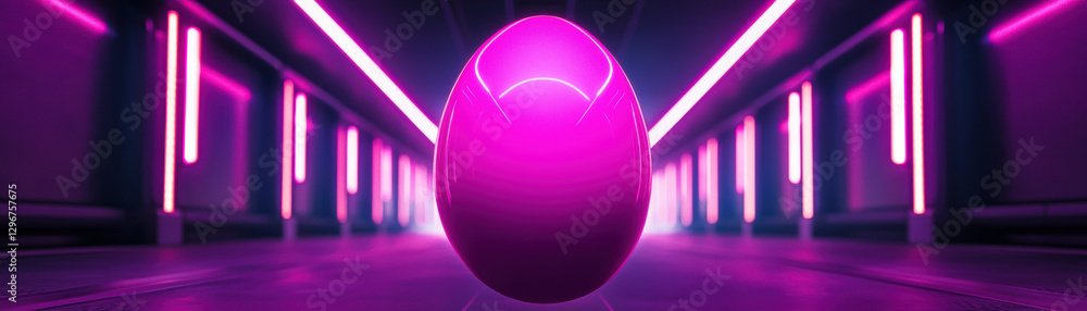 Poster a glossy pink sphere stands in a futuristic corridor illuminated by neon lights, creating a vibrant 