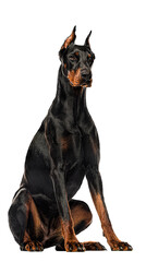 Majestic doberman pinscher sitting, showcasing its muscular build and attentive posture against a...