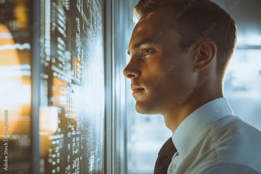 Poster a focused businessman analyzes complex data displayed on a large screen, deeply engrossed in his wor