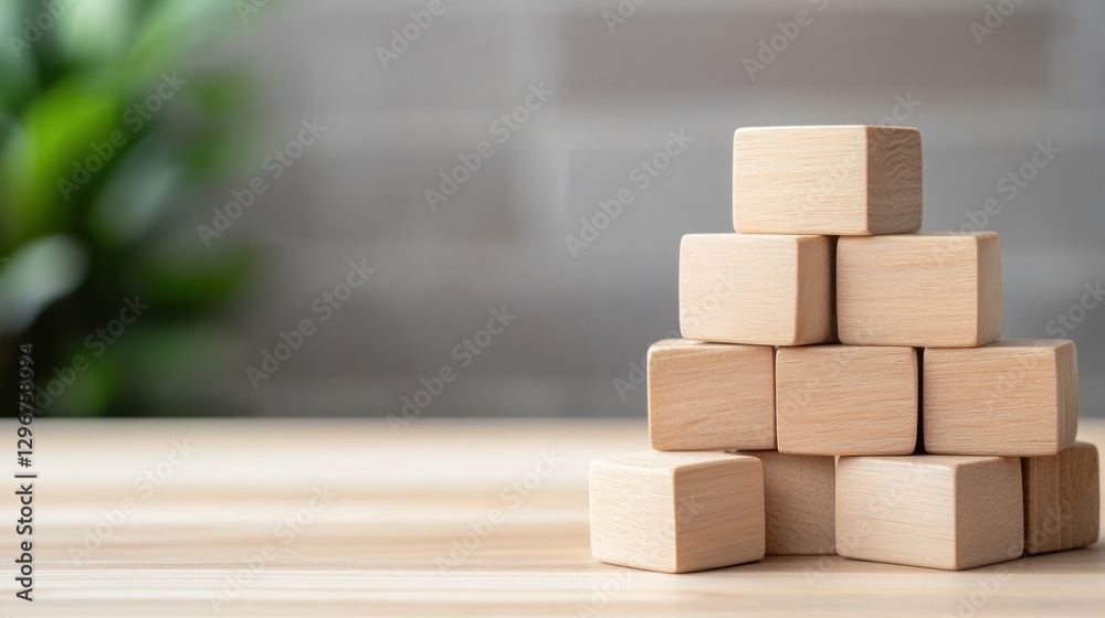 Poster simple and minimalist wooden blocks stacked in a creative arrangement on a wooden surface with a sof