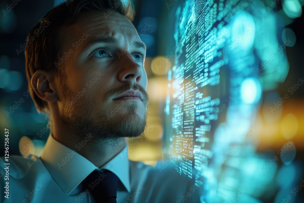 Poster a businessman intently studies a holographic display of complex code, showcasing technological innov