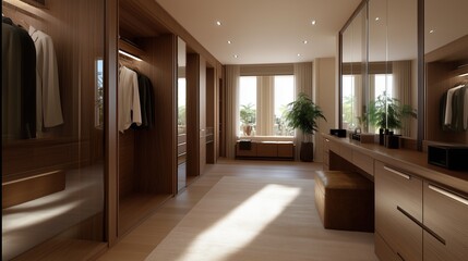Walk-in Closet: Elegant walk-in closet, showcasing a clean design with wooden furniture and wardrobe, natural sunlight shining through the windows, luxurious and stylish interior.