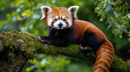 Fototapeta premium Red panda perched on tree branch, showcasing vibrant fur and cur