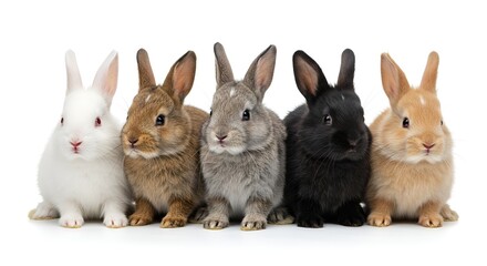 Fototapeta premium A group of five adorable baby rabbits sitting neatly in a row on a clean white background. Each rabbit has a unique fur color—white, brown, grey, black, and tan. Their ears are perked up