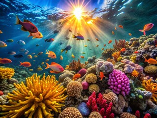 Obraz premium Red Sea Coral Reef Bokeh, Underwater Scene, Vibrant Fish, Sunbeams, Dramatic Lighting