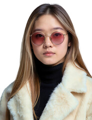 A young woman with long, straight blonde hair wears pink round sunglasses, a black turtleneck, and a cream fur coat.