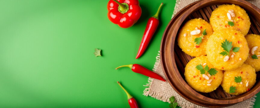 Vibrant Traditional Mexican Dish: Corundas with Chili Peppers and Fresh Cilantro on Green Background with Copy Space