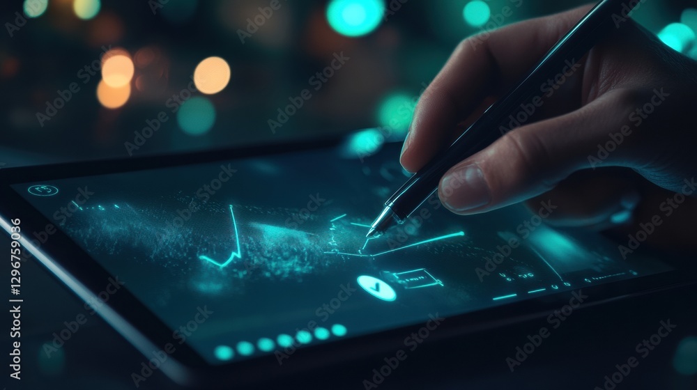 Aufkleber exploring digital analytics with a touch screen tablet in a modern workspace at night. generative ai