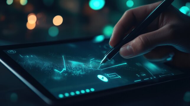 Exploring digital analytics with a touch screen tablet in a modern workspace at night. Generative AI