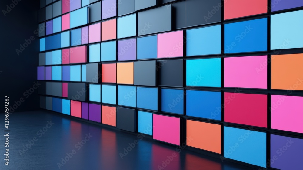 Poster colorful abstract wall display of rectangular screens in various shades and tones for modern interio
