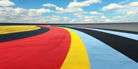 Vibrant Racetrack With Colorful Curves Under a Cloudy Blue Sky at a Motorsport Venue