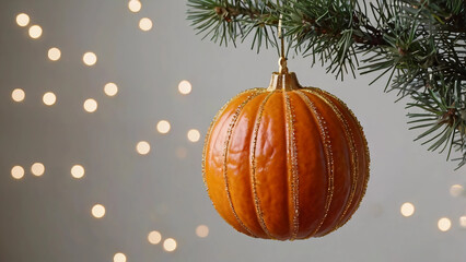 A bright orange pumpkin hanging on a spruce branch like a Christmas ball. A thin gold string makes it look like a Christmas tree ornament. 