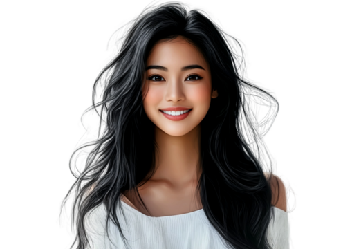 A beautiful, smiling woman with long, black hair, wearing a white top, isolated on a transparent background.
