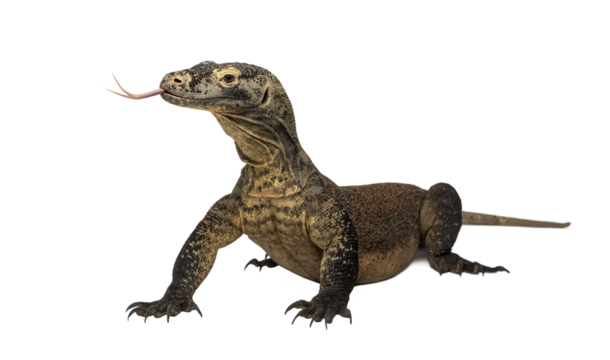 Komodo dragon flicking its forked tongue, isolated on transparent background