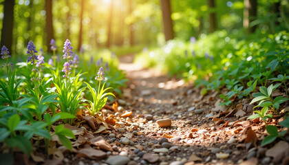 Scattered wildflower sprouts lining a winding forest trail, natural beauty