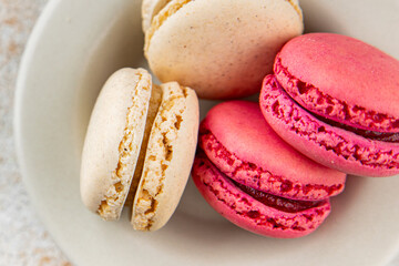 macaroons sweet almond dessert delicious gourmet food background on the table rustic food top view copy space