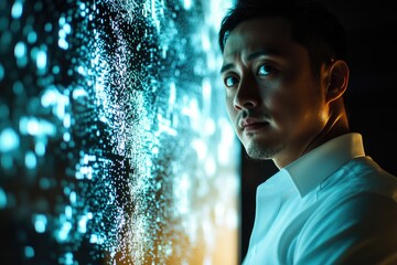 A man in a white shirt stands before a wall of flowing digital data, his expression intense and thoughtful.