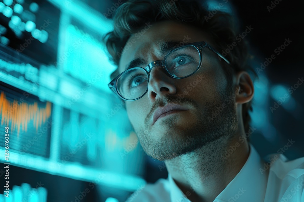 Poster a man wearing glasses intently studies data displayed on numerous screens, immersed in a world of di