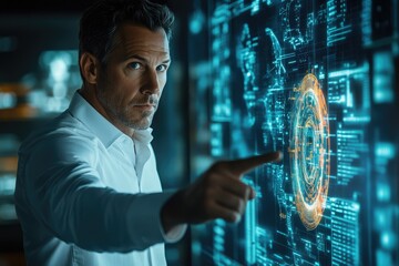 A focused man interacts with a futuristic holographic interface, navigating complex data streams and visualizations.