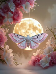 A surreal and vibrant cinematic photo of Tattoo, a beautiful night moth with delicate, intricate wing patterns in soft pink and white hues, adorned with subtle, shimmering scales, resting serenely ben