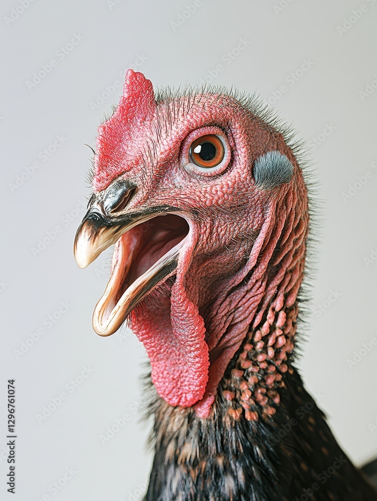 Poster close-up portrait of a vibrant turkey with open beak set against a simple background, capturing uniq