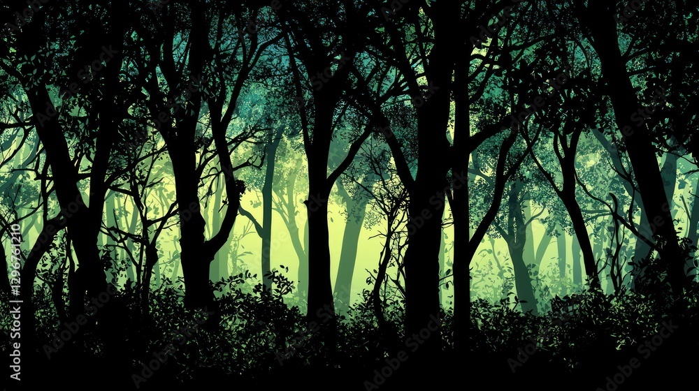 Poster a forest of tree silhouettes creating a dense, shadowy effect.
