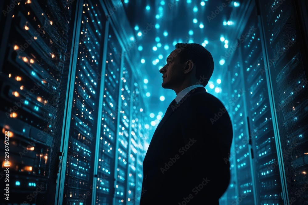 Aufkleber a businessman stands silhouetted against a backdrop of glowing server racks in a modern data center.