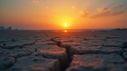 Fototapeta premium Close-up of cracked earth against sunset, Drought land
