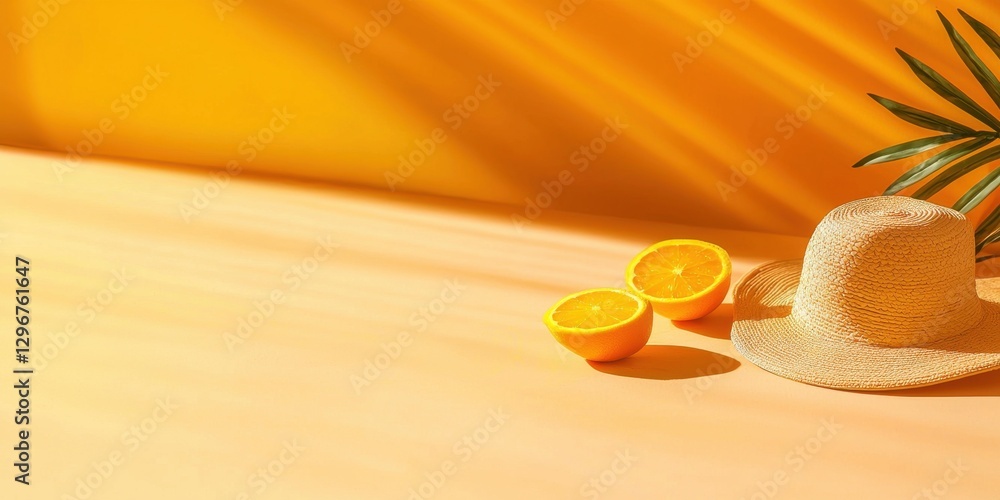 Poster refreshing summer vibes with oranges and a straw hat in a bright yellow setting