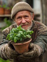 Happy senior farmer showing a potted plant in his garden