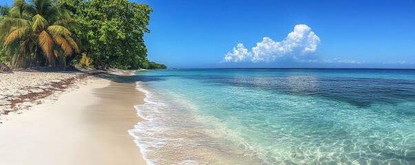 Obraz premium Serene Tropical Beach Scene Featuring Turquoise Water White Sand and Lush Green Vegetation Under Blue Skies