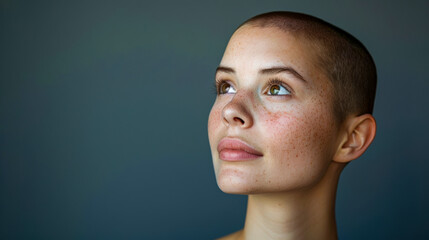 Fototapeta premium Girl model with very short haircut, no hair, bald - posing on dark gray background. Head of young woman close-up, face covered with freckles. Moment of serene beauty frozen in time. Copy space.