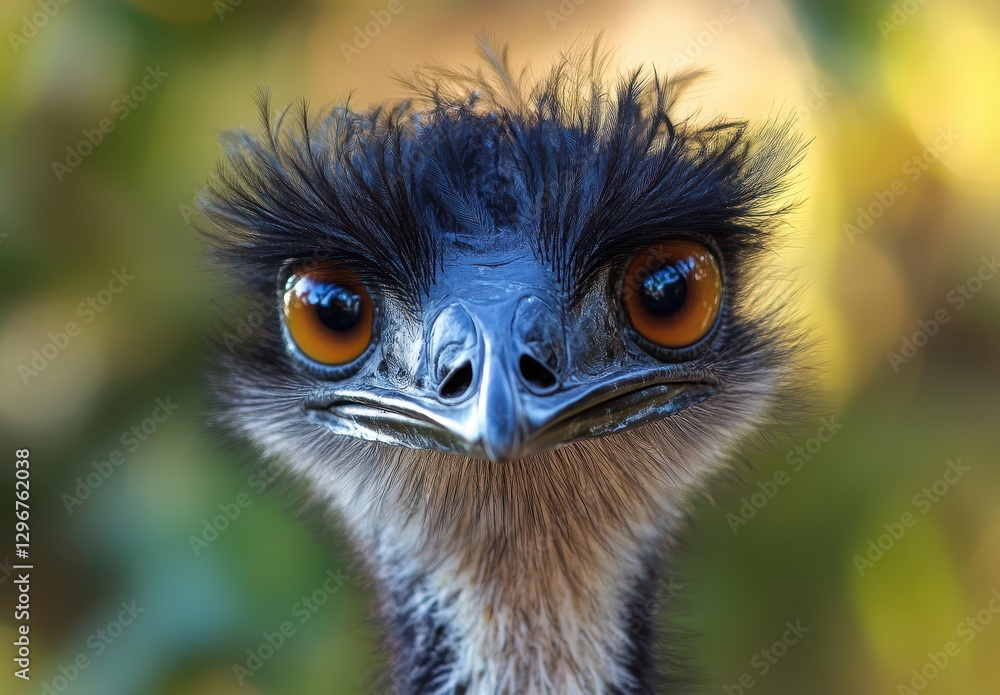 Poster close-up portrait of an emu with distinctive features, bright eyes, and unique feather texture again