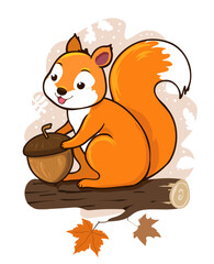 cute cartoon squirrel sitting on a log, holding a large acorn, background with leaves in autumn shades of orange and brown