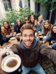 Obraz premium Happy man taking selfie with coffee and friends at outdoor cafe