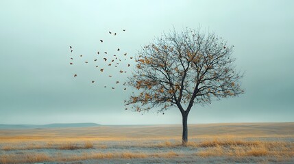 Tree Shedding Leaves in a Blurred Landscape