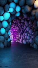 Colorful Cave Interior Features Glowing Spheres in Shades of Blue and Purple, Creating an Enchanting Atmosphere