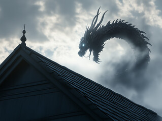 Huge mythological dragon flying over traditional wooden roof