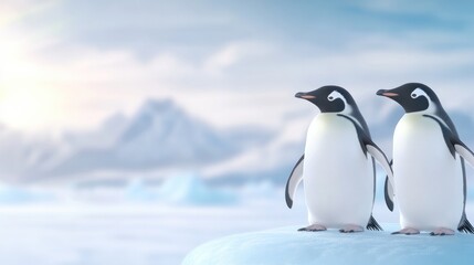 Naklejka premium Dwa pingwiny stoją na lodowym terenie i patrzą w stronę odległych gór