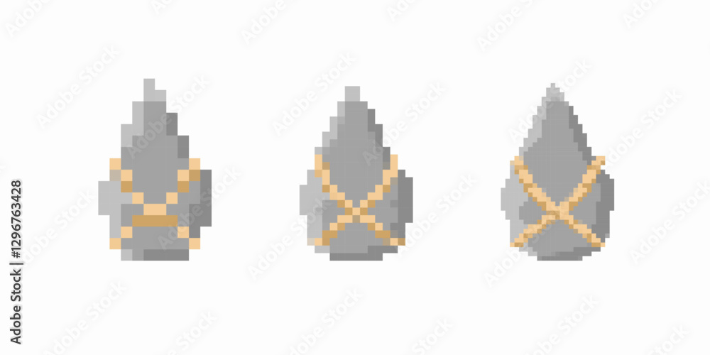 Poster three gray objects with yellow accents displayed in a pixel art style. each object has a unique shap