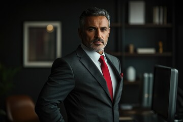 Confident mature businessman in a dark suit and red tie, standing in a modern office.