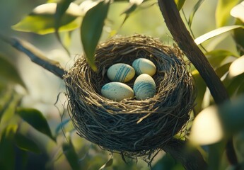 Close-up View of a Bird Nest Containing Four Colorful Eggs Amidst Lush Green Foliage in Bright Natural Light