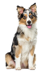Studio shot of an australian shepherd sitting and panting, isolated on a transparent background